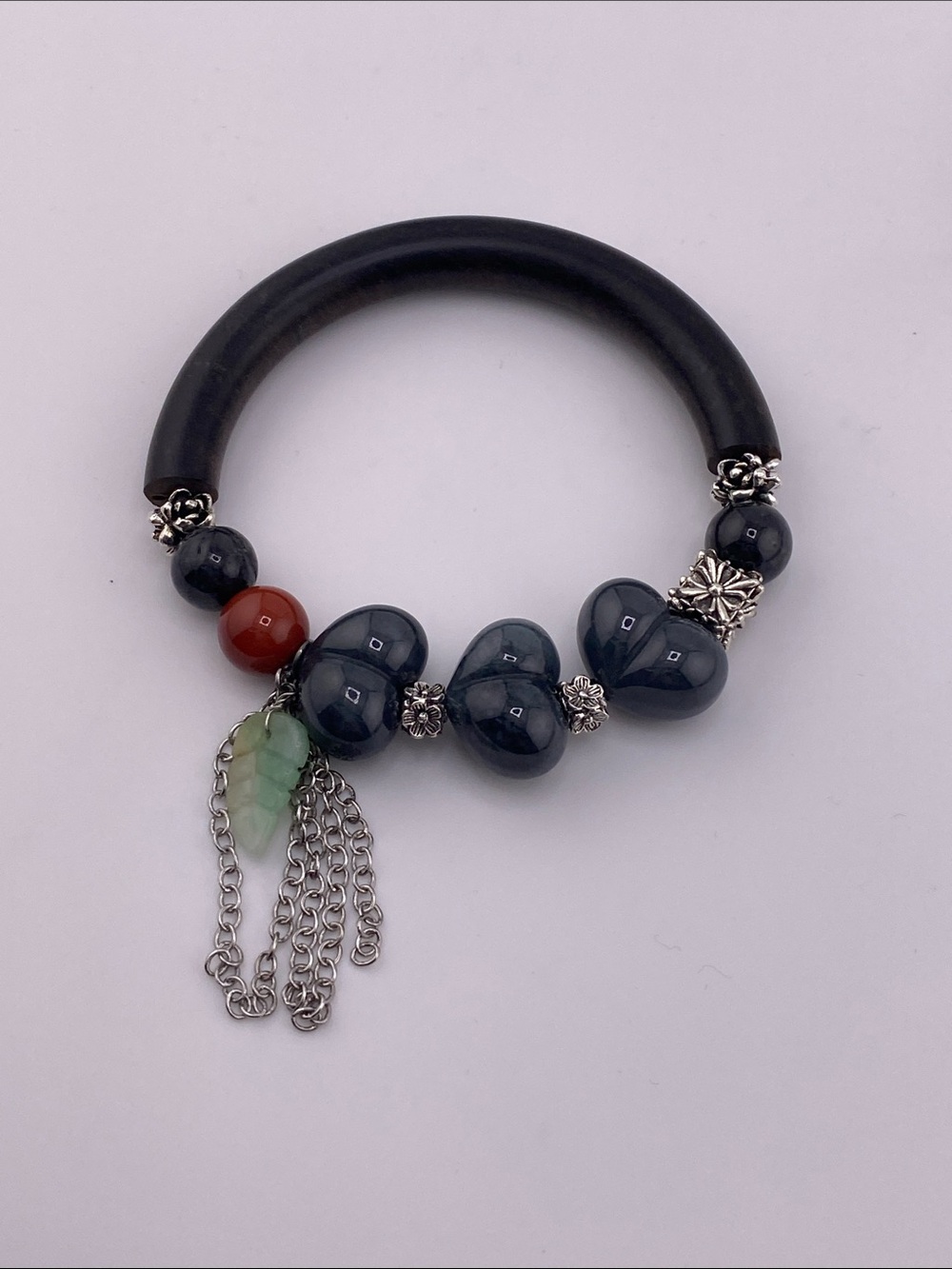 Authentic Ebony Wood Half-Bangle Beaded Charm Bracelet